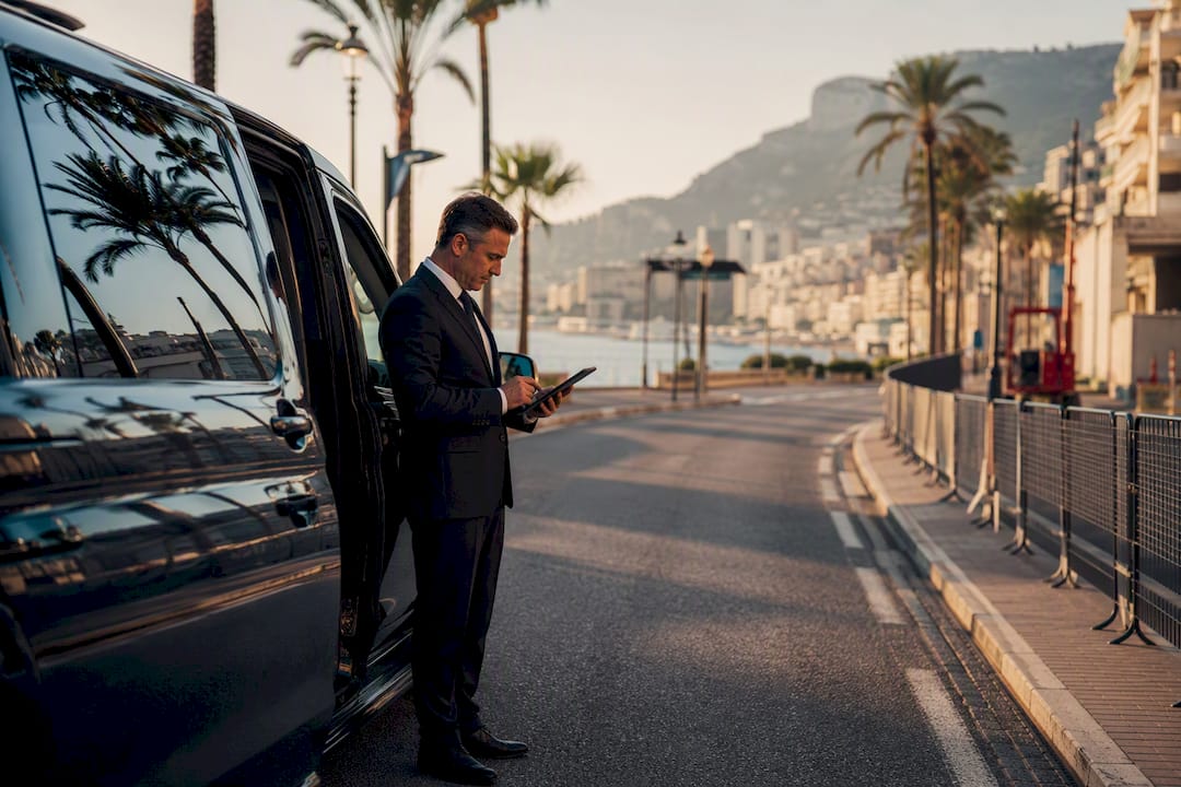 Chauffeur planning route near Monaco harbor during Grand Prix