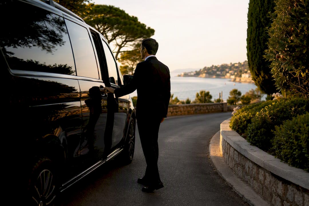 Chauffeur opening door of luxury Mercedes van on coastal road to Cannes private beach