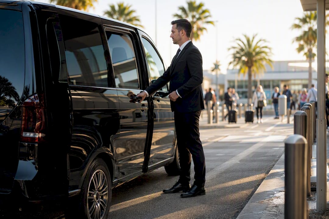 Chauffeur opening van door preparing for terminal arrival at Nice Airport