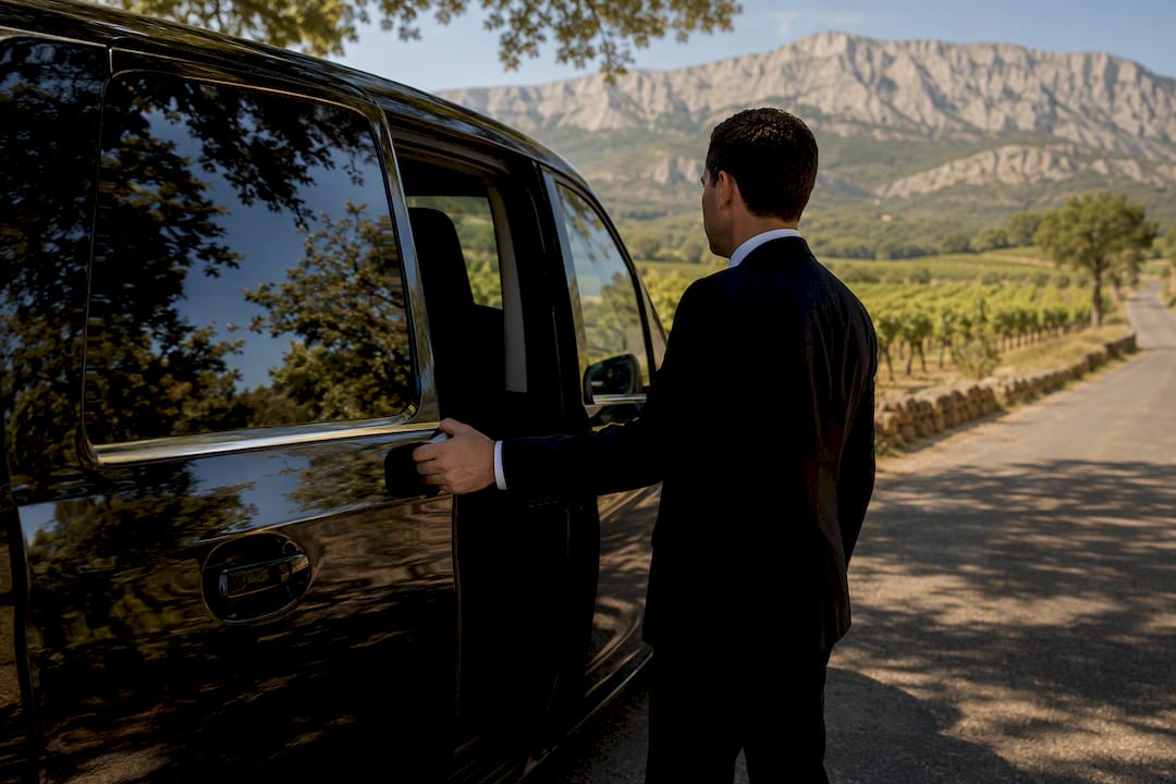 Private chauffeur Mercedes sedan arriving at wine vineyard near Montagne Sainte-Victoire, Aix-en-Provence