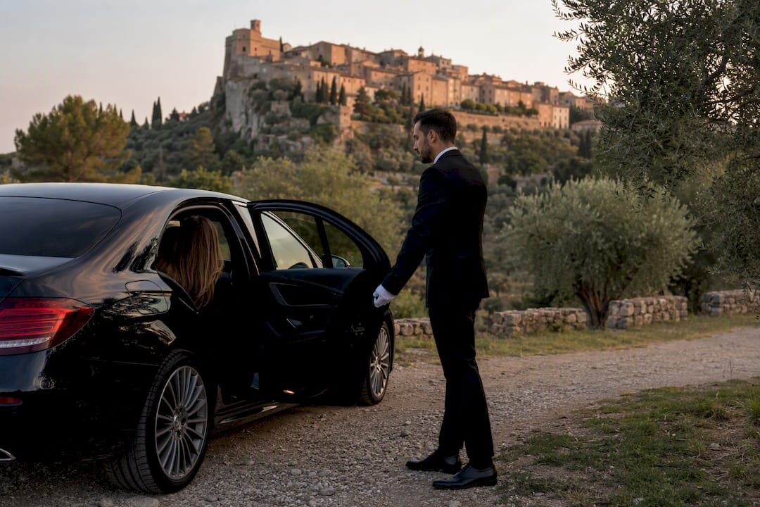 Luxury Mercedes sedan with chauffeur opening door near perched village on French Riviera coastal road