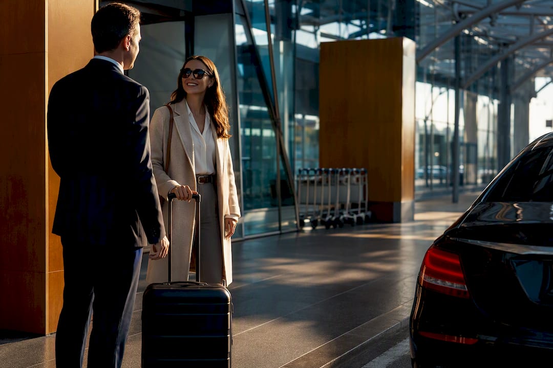 Mercedes sedan greeting arriving passenger at Nice Airport for airport meet and greet