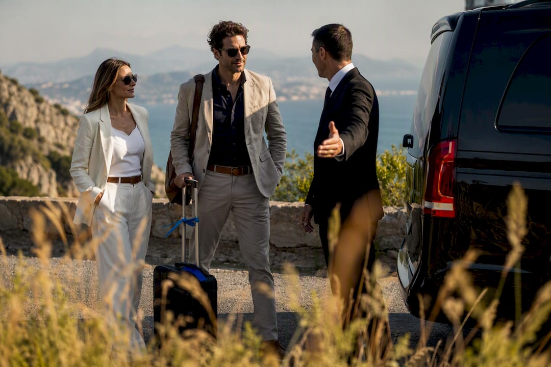 Mercedes-Benz van guiding event travellers from Nice to Genoa on Riviera coastal route with private chauffeur