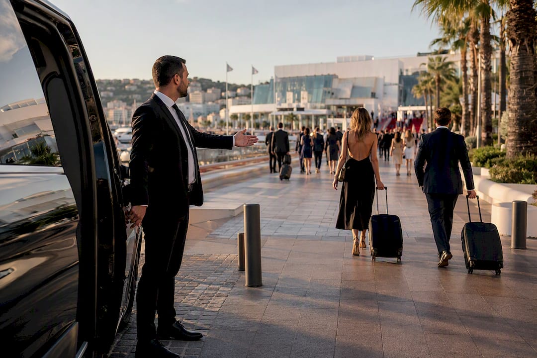 Luxury chauffeur van coordinating a private chauffeur pickup outside Cannes pedestrian zone
