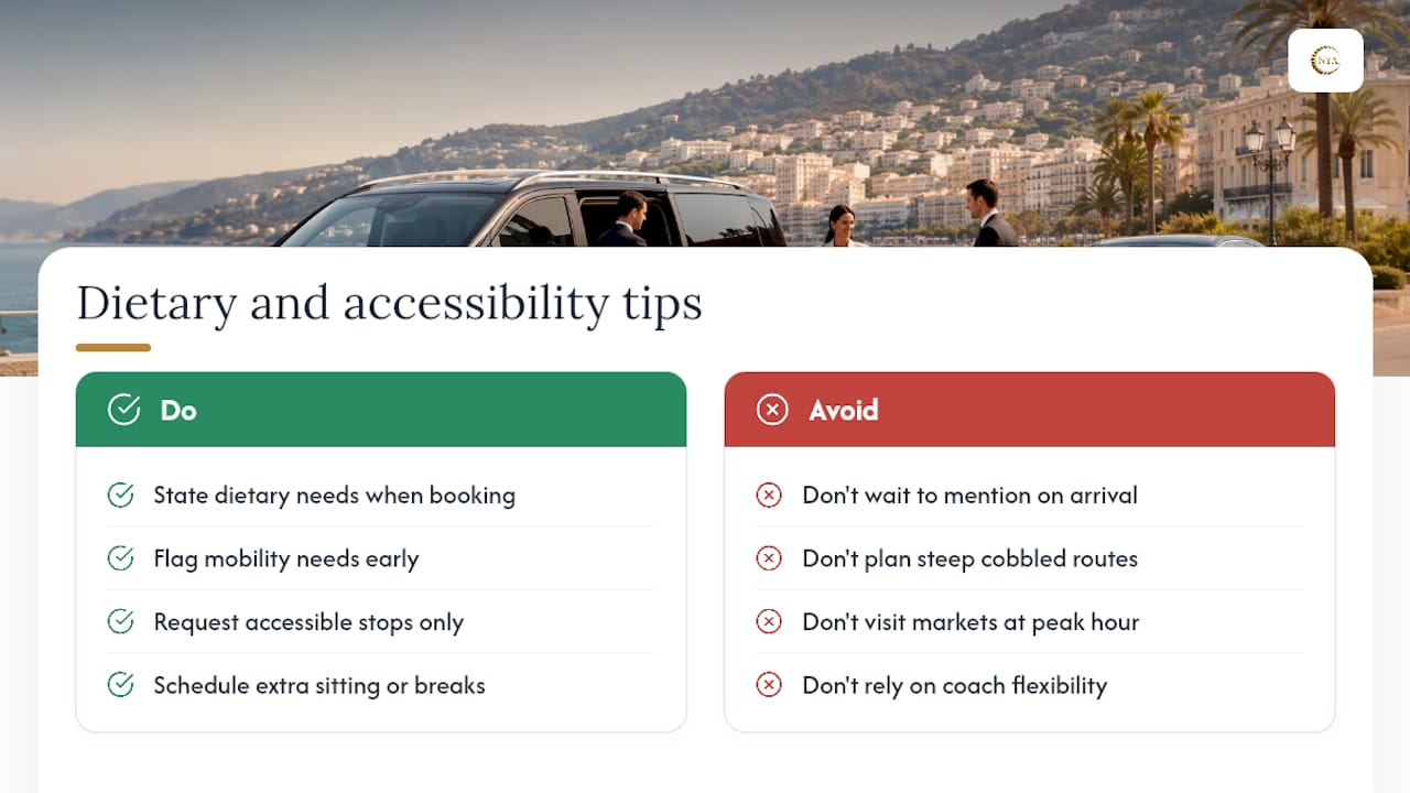 Tips for dietary or accessibility requirements when booking private excursions — overview diagram