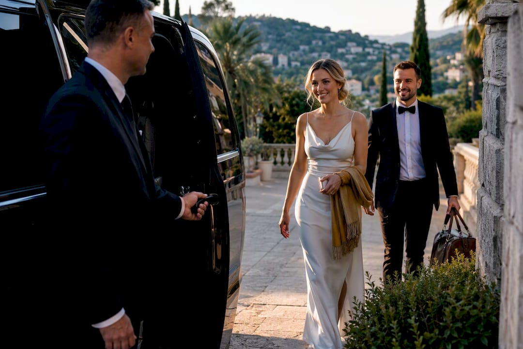 Mercedes van boarding wedding guests for private chauffeur hire near Cannes - TranspOnyx