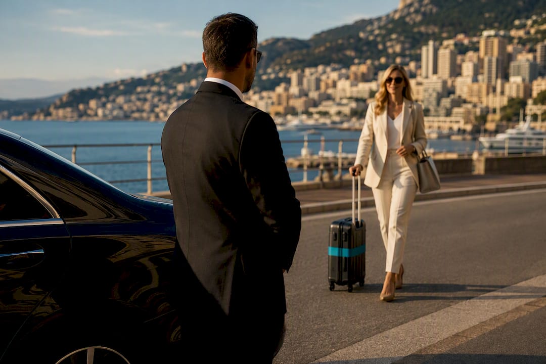 Mercedes sedan waiting for private chauffeur hire between Riviera stops in Monaco - TranspOnyx