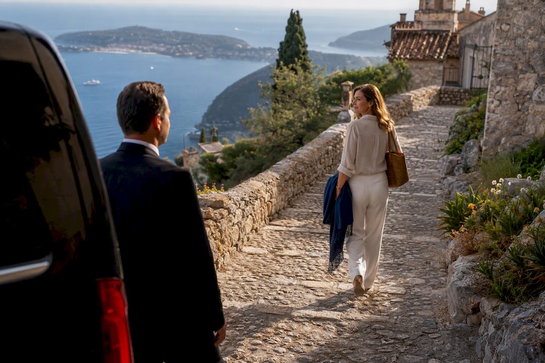 Mercedes van supporting a private chauffeur visit near Èze village stairs from Nice