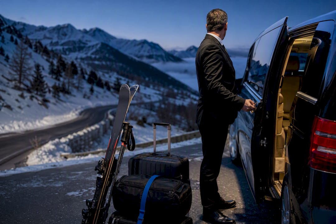 Mercedes-Benz van arriving with ski luggage on a private transfer route from Nice to Isola 2000