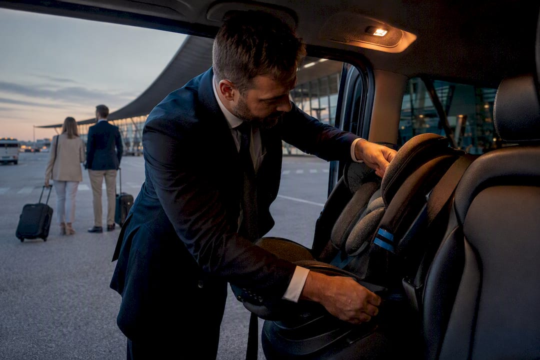 Mercedes VTC child seat fitted for airport transfer at Nice Airport - VTC child seat law France