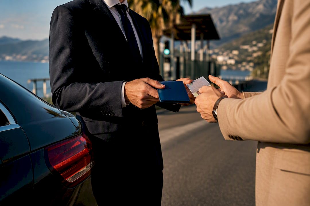Mercedes sedan checking Italy border documents at Ventimiglia for a private chauffeur transfer