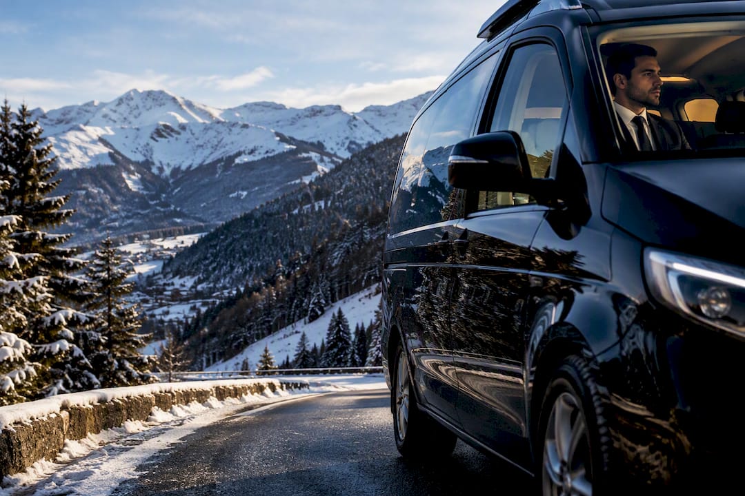 Mercedes van climbing snowy Nice to Auron route for a private chauffeur transfer in winter.