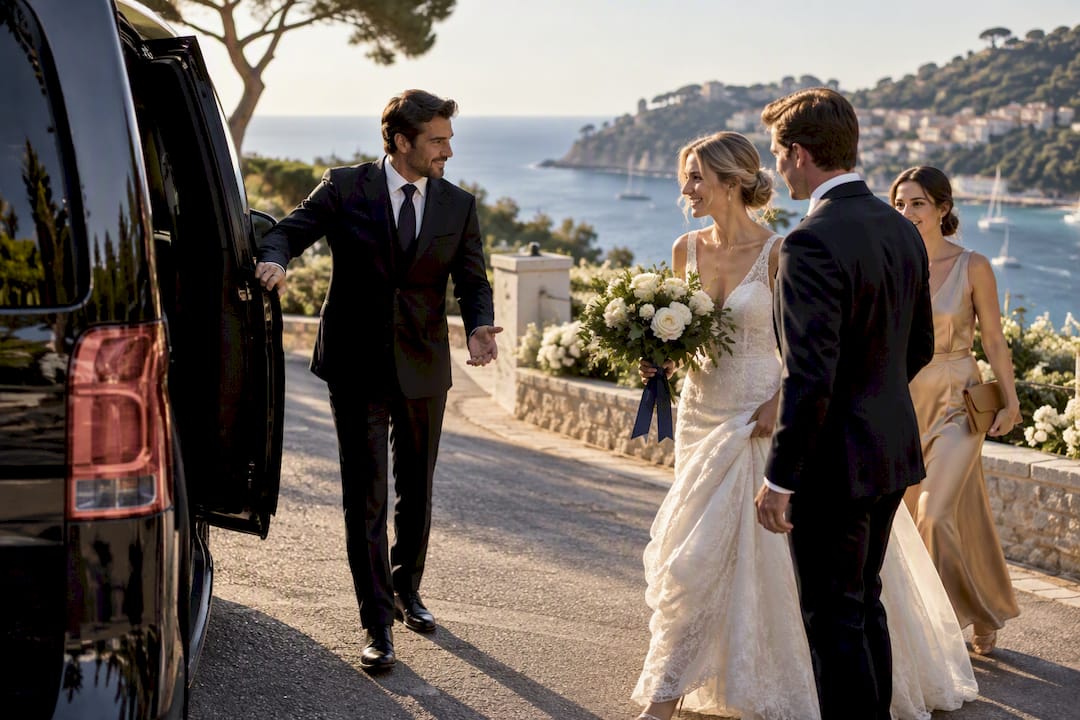 Mercedes-Benz van carrying wedding guests near Saint-Jean-Cap-Ferrat for wedding transport costs