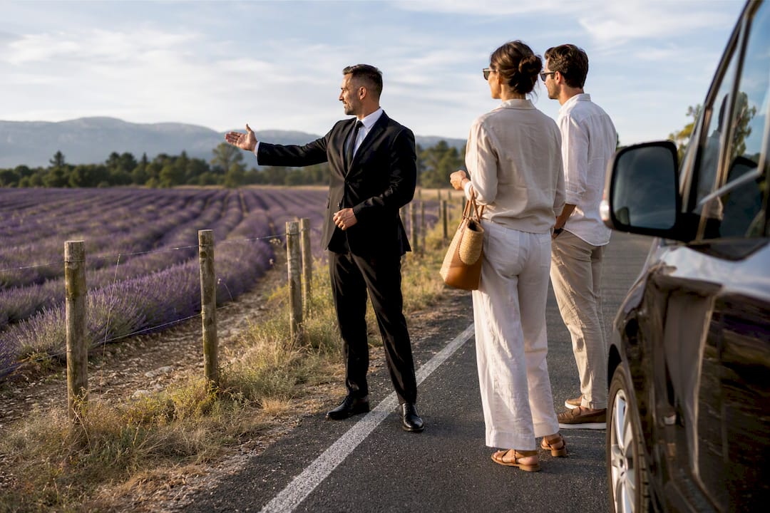 Mercedes van chauffeur respecting lavender field boundaries near Sault Provence private chauffeur