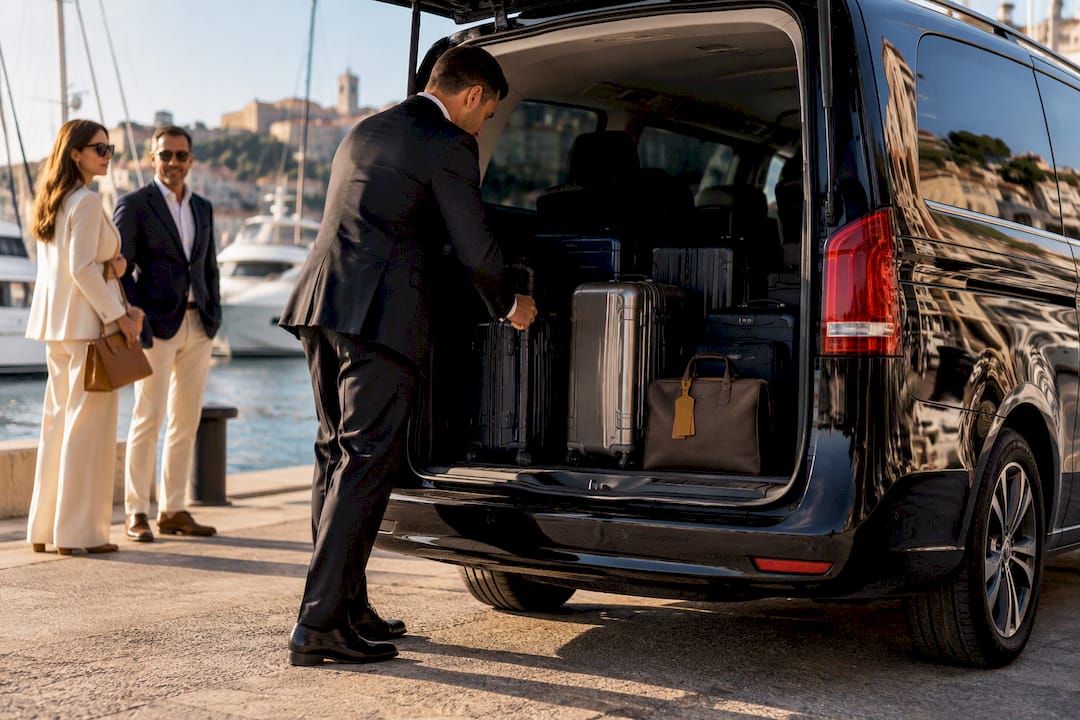 Mercedes V-Class van with chauffeur arranging luggage for private transfer at Antibes marina.