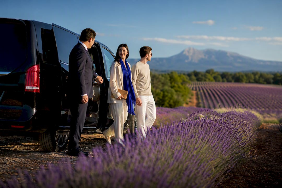 Mercedes-Benz van viewing Provence lavender fields near Valensole on a private chauffeur tour from Nice