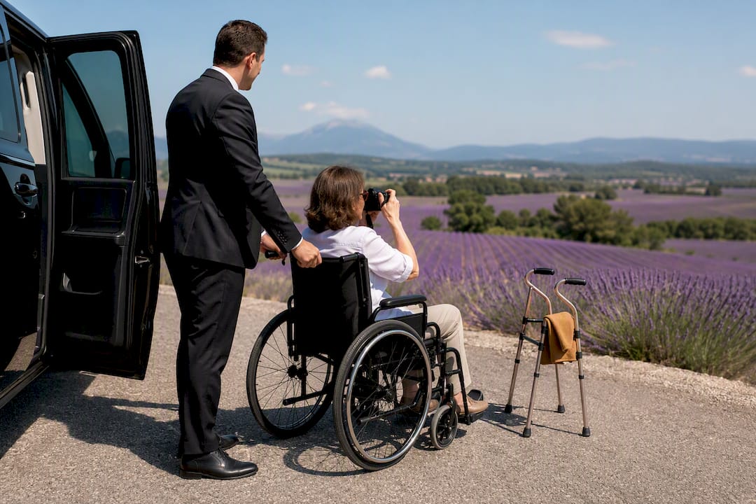 Mercedes-Benz van positioning wheelchair traveller at an accessible lavender viewpoint near Valensole