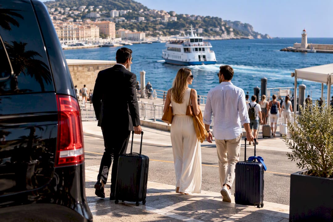 Mercedes-Benz van boarding a Saint-Tropez day trip ferry at Nice Port for private chauffeur transfer