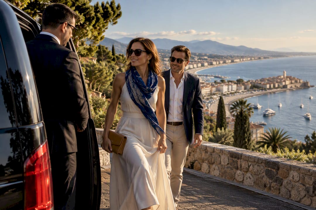 Private chauffeur Mercedes-Benz van carrying day-trip passengers between Cannes and Antibes on the French Riviera.