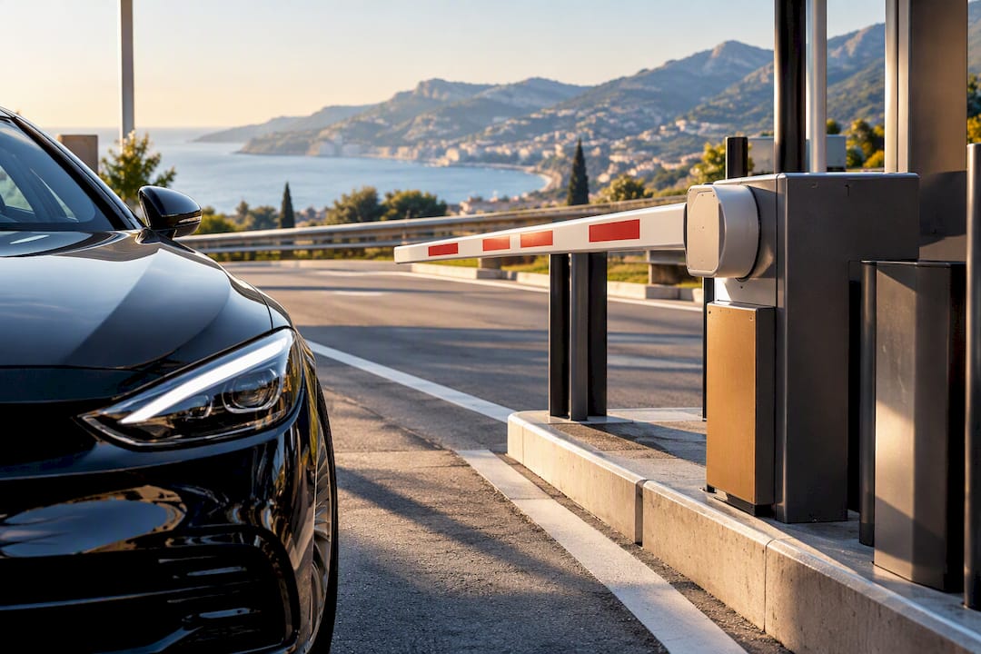 Mercedes sedan nearing a toll barrier on Nice-Milan route for private chauffeur transfer