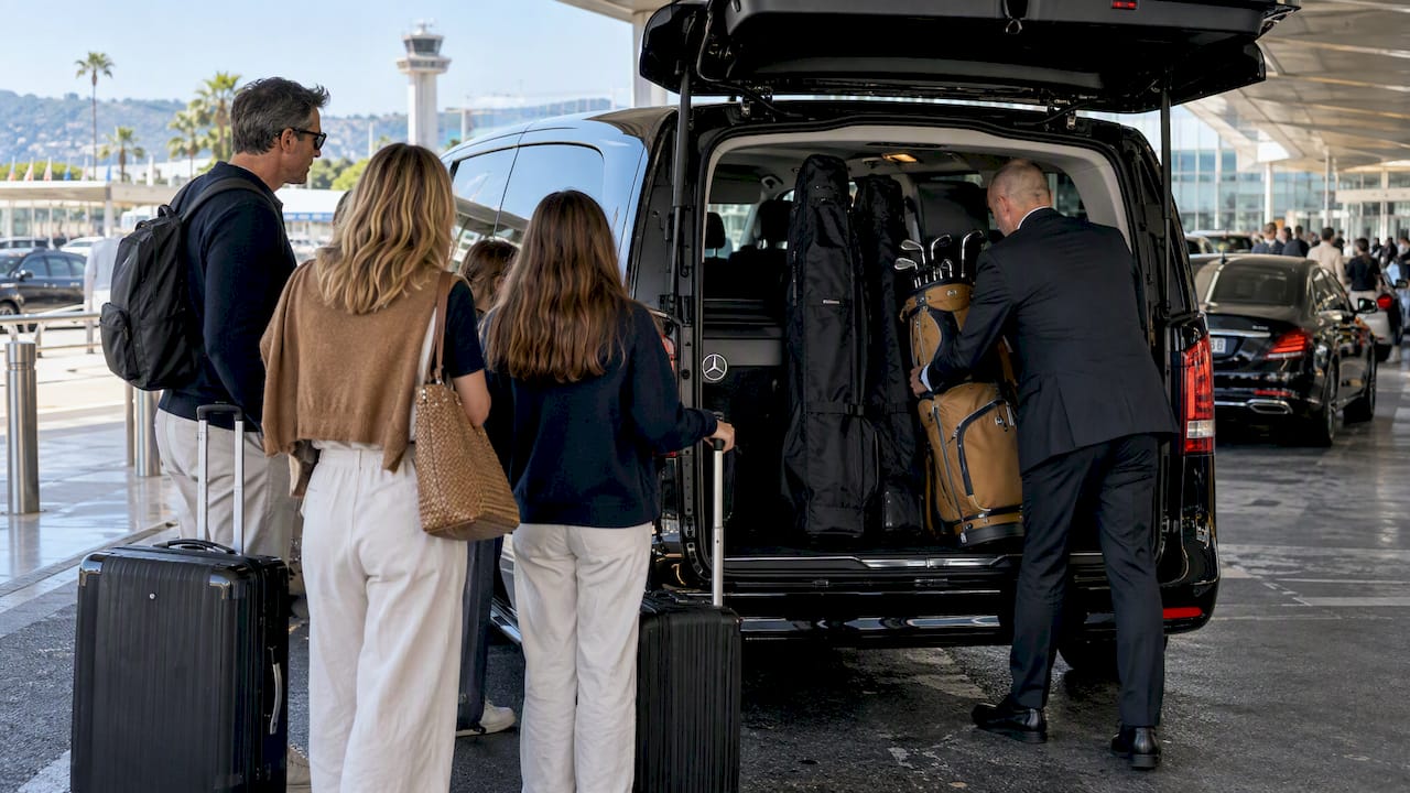 Mercedes van loading ski and golf bags for Saint-Tropez chauffeur transfer from Nice Airport