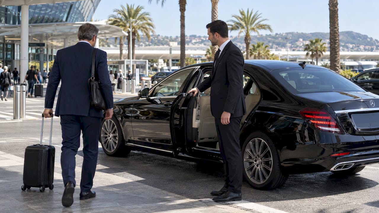 Mercedes sedan meeting Paris to Nice travel passenger at Nice Côte d’Azur Airport for private chauffeur transfer