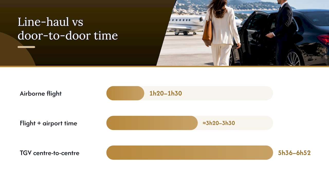 Line-haul vs door-to-door time: TGV, flights and night train compared — overview diagram