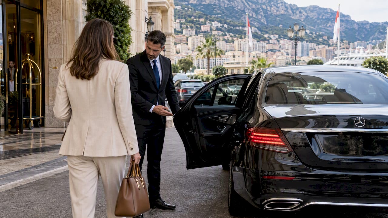 Mercedes-Benz sedan chauffeur greeting passenger in Monaco - private chauffeur etiquette