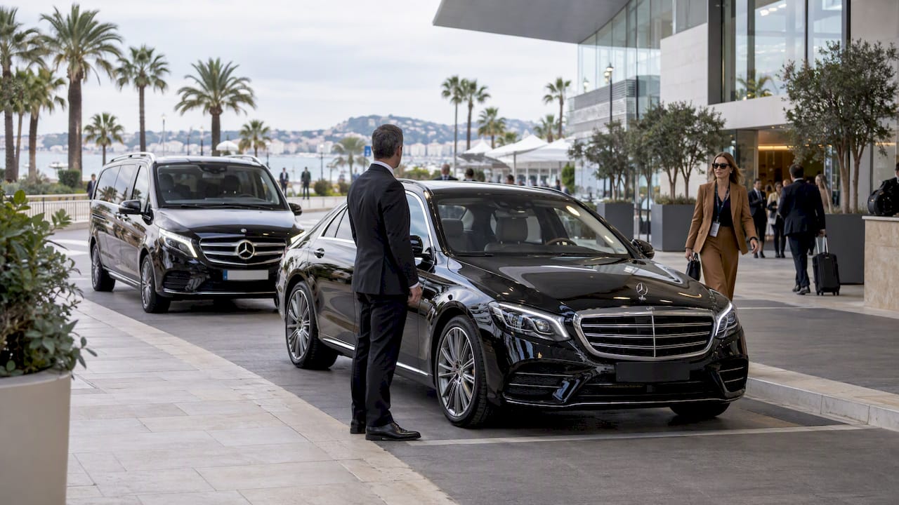 Mercedes event transport planning vehicles arriving safely at Cannes convention centre