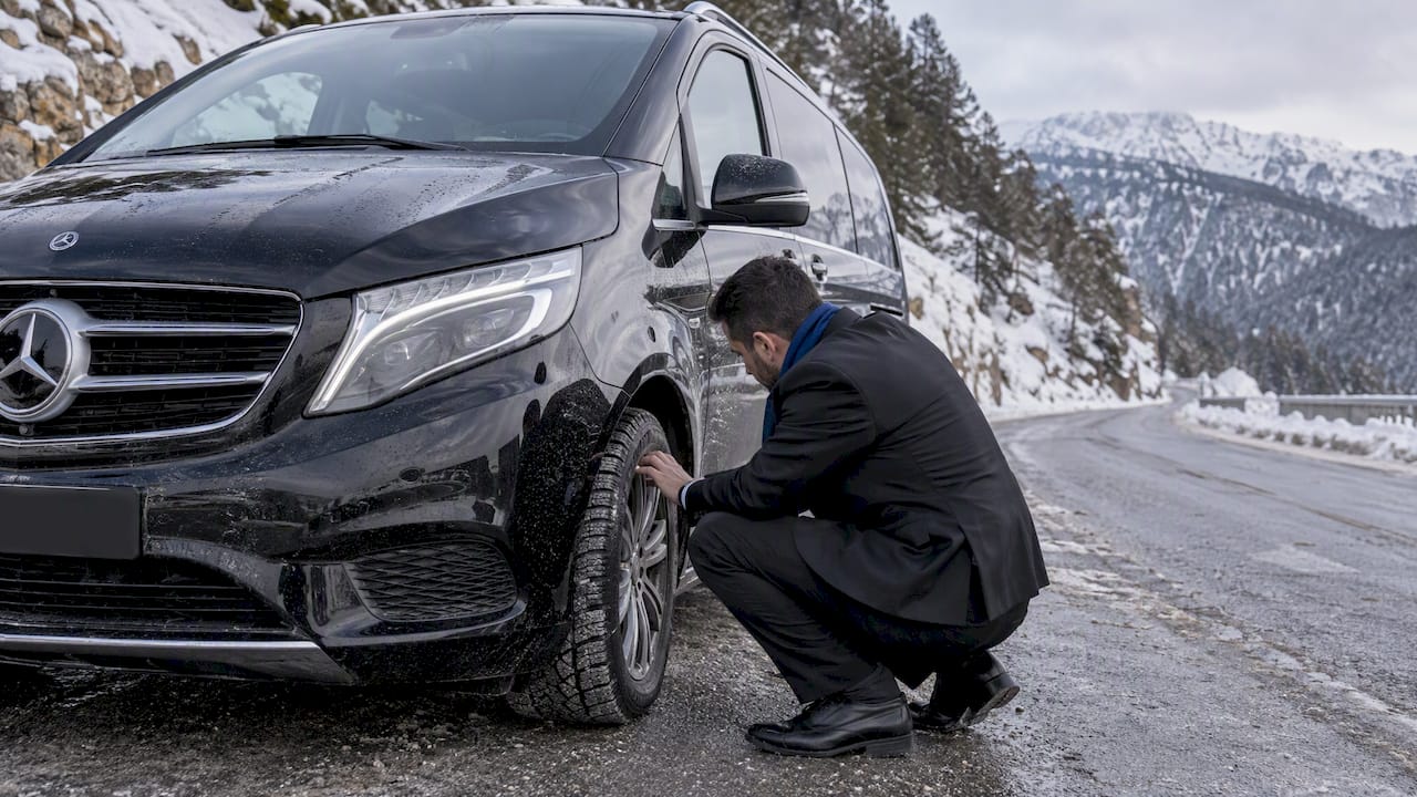 Mercedes-Benz van prepared by a private chauffeur for winter transfer near Auron on an Alpine approach road
