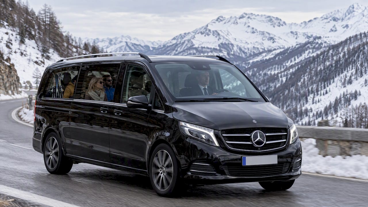 Mercedes-Benz van on a private chauffeur winter transfer from Nice to Isola 2000, Alpine roads