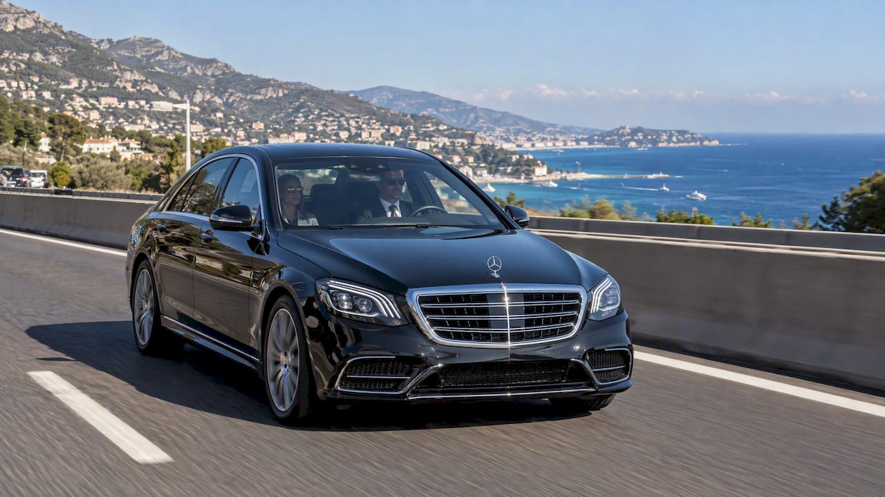 Mercedes sedan with an English-speaking driver on a private transfer from Nice Airport to Monaco.