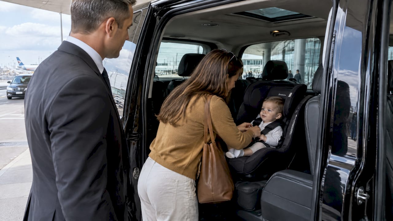 Mercedes-Benz van with a toddler secured rear-facing for a private airport transfer at Nice Côte d’Azur Airport.