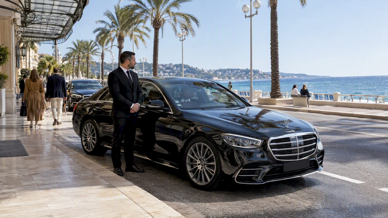 Mercedes-Benz sedan awaiting hourly chauffeur hire on Nice’s Promenade des Anglais, illustrating hourly chauffeur rates.