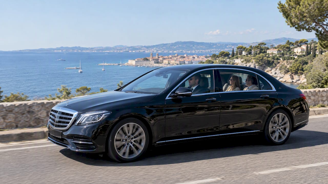 Mercedes-Benz sedan beginning a Châteauneuf du Pape tour from Nice along the French Riviera coastal road.