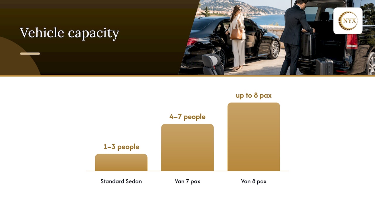 Practical booking details: vehicles, luggage, child seats and timing — overview diagram