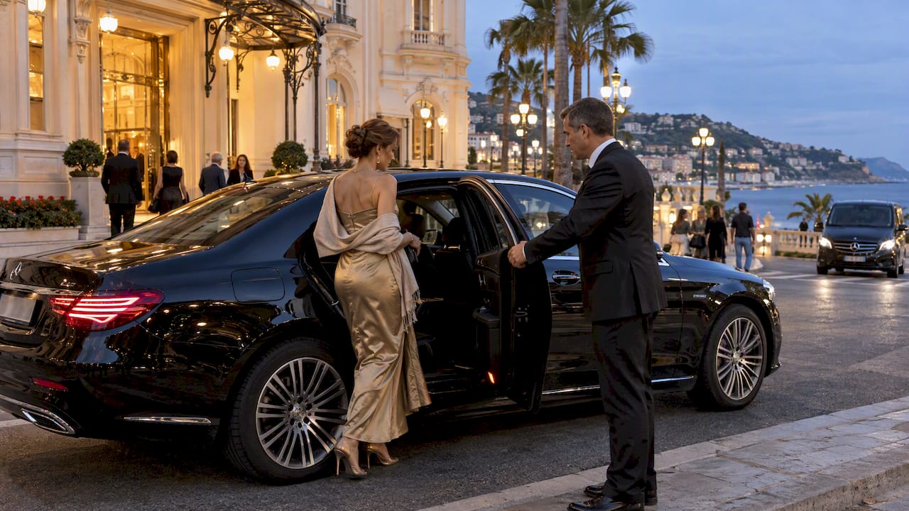 Private chauffeur Mercedes-Benz sedan dropping a guest at Casinò di Sanremo on the Italian Riviera.
