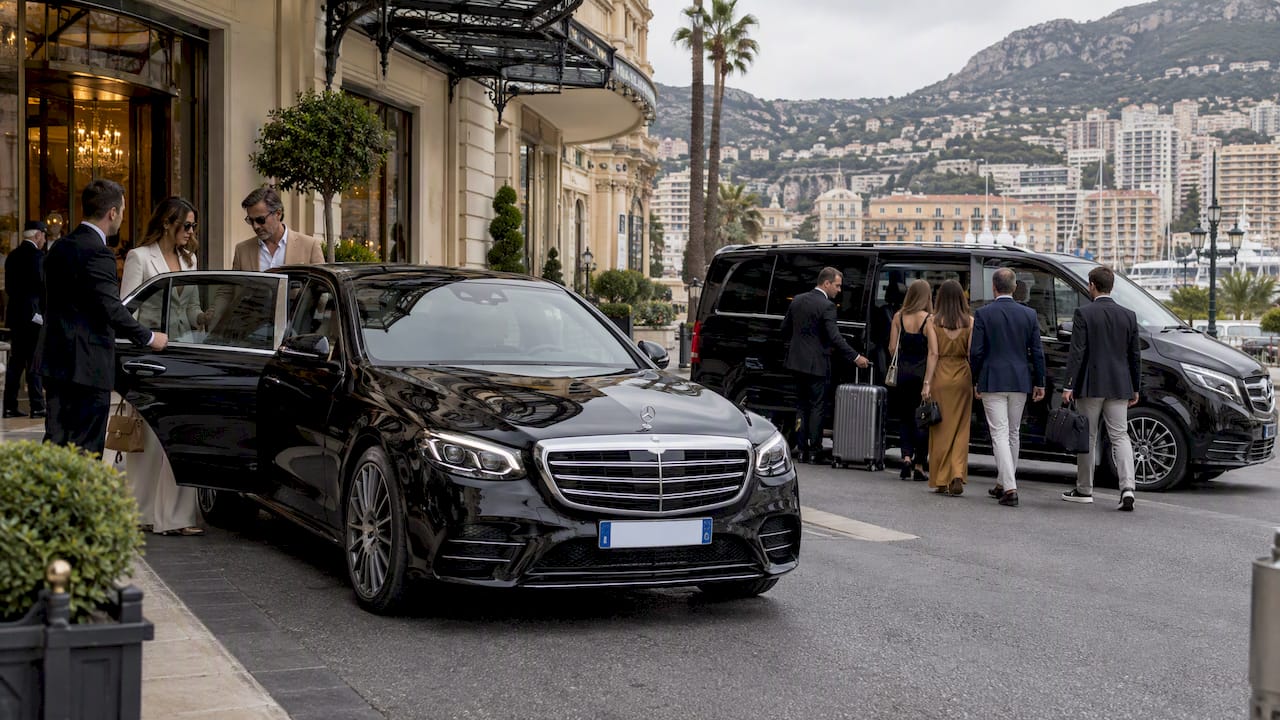 Mercedes-Benz sedan and van serving small and large parties with private chauffeur service in Monaco.