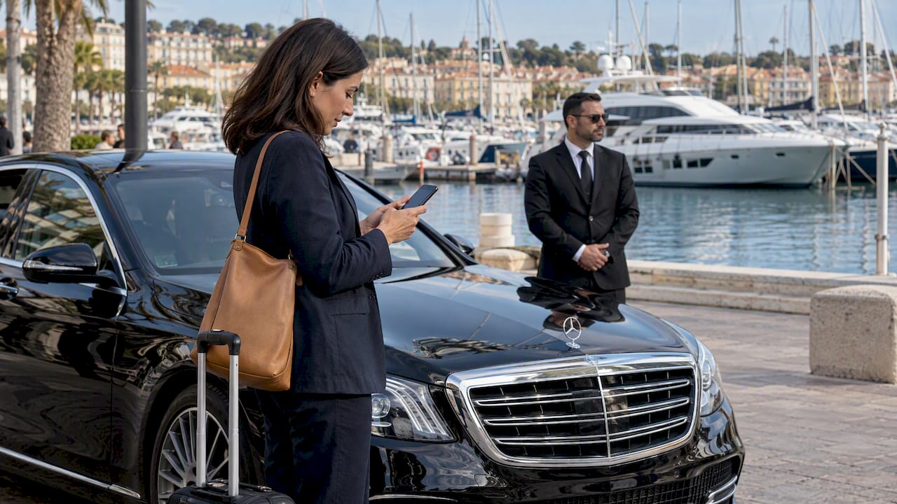 Mercedes-Benz sedan with traveler arranging a Riviera chauffeur booking by WhatsApp in Cannes.