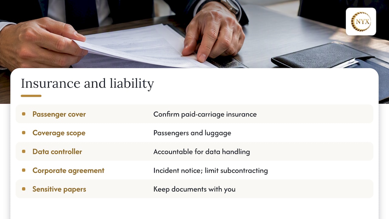 What do insurance and liability mean for a confidential chauffeur booking? — overview diagram
