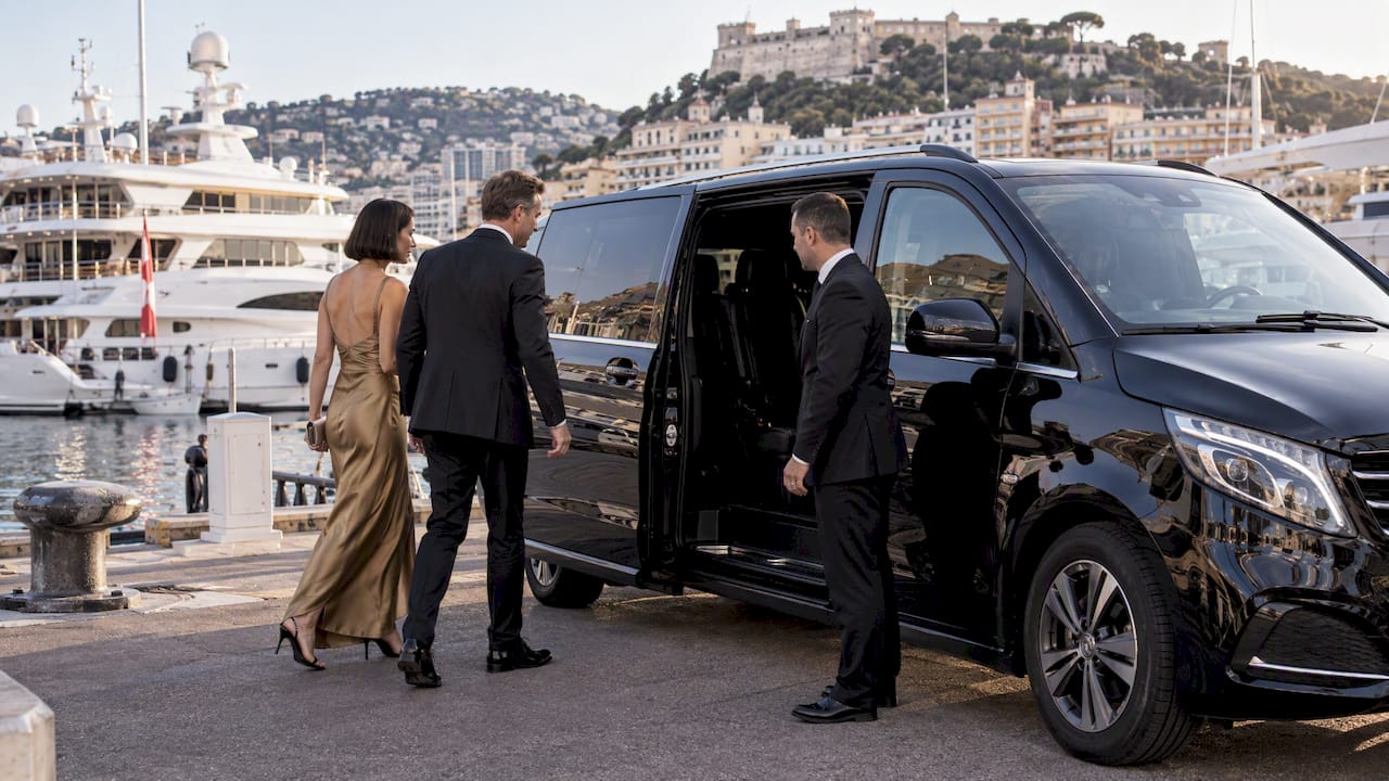 Mercedes-Benz van providing a Monaco yacht transfer for wedding guests at Port Hercule.