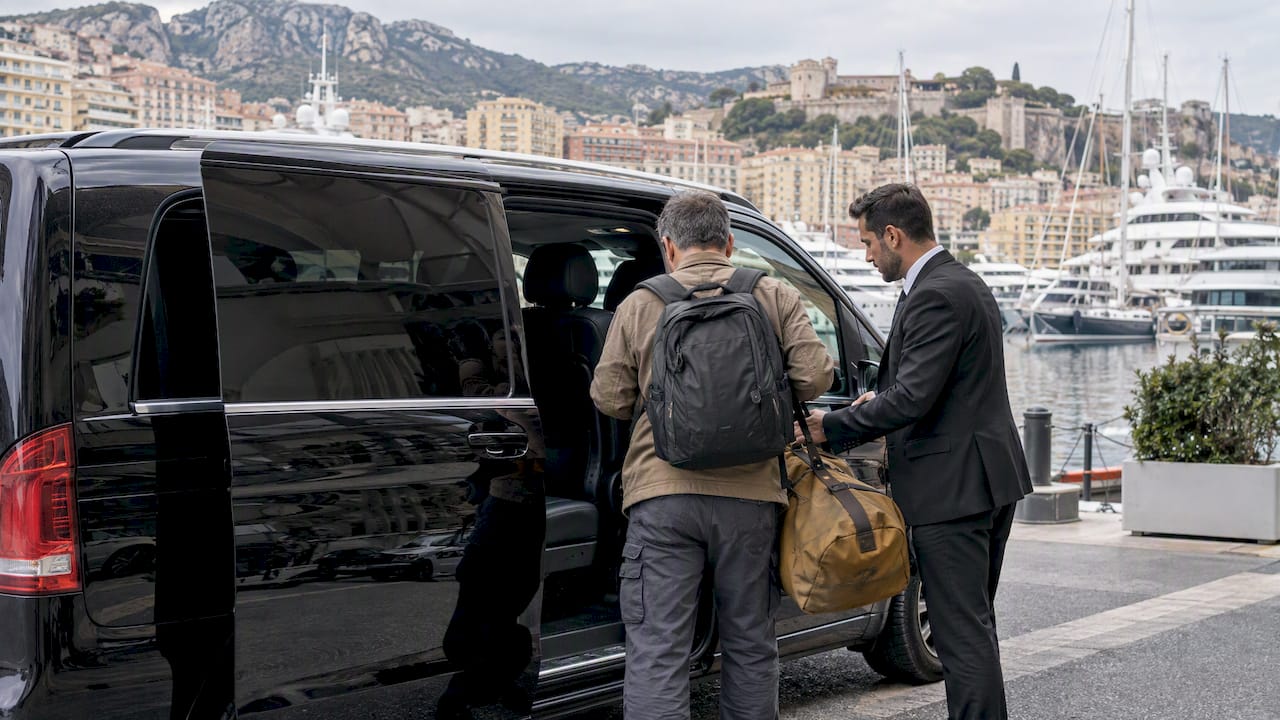 Mercedes-Benz van loading a seafarer’s bag for a crew change transfer at Port Hercule, Monaco.