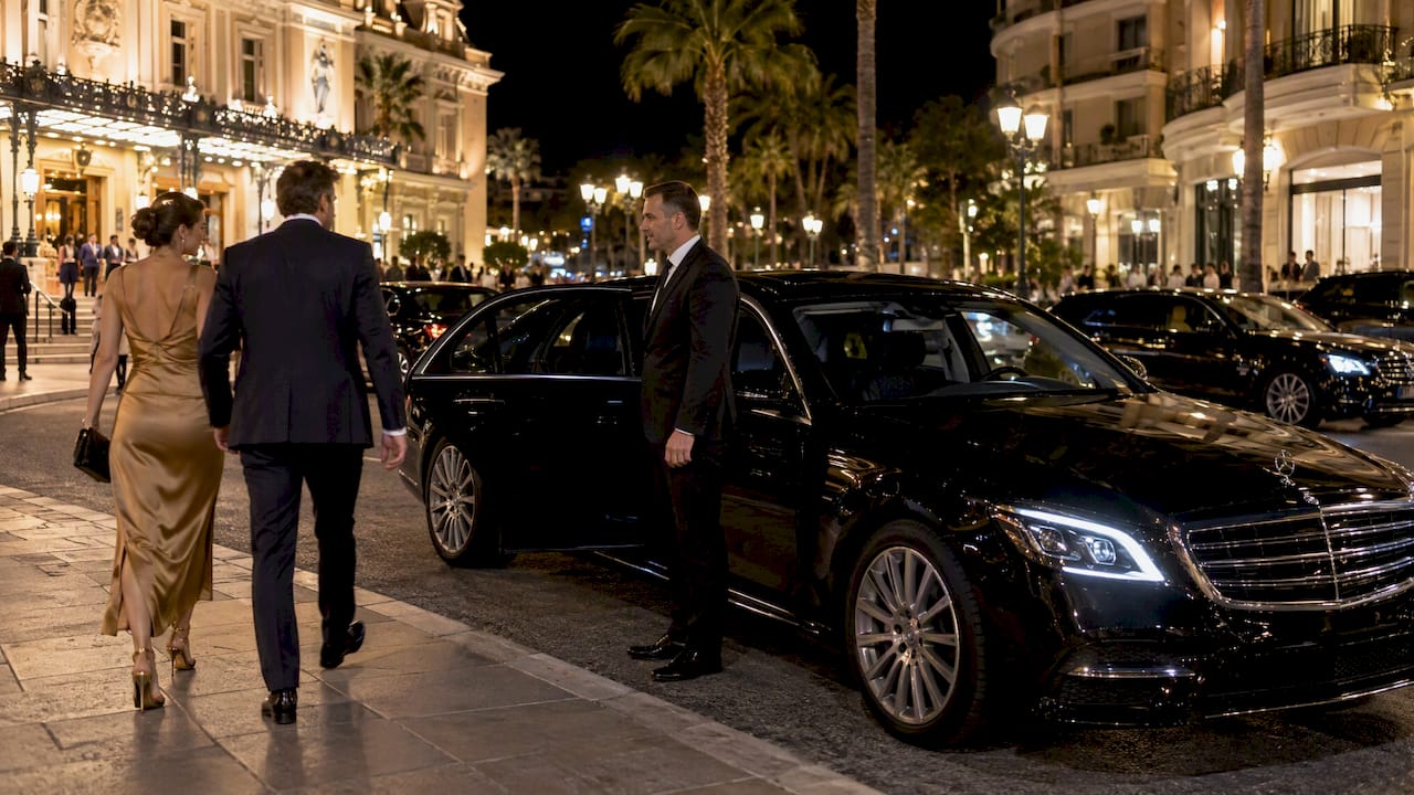 Mercedes-Benz sedan collecting evening guests for a private chauffeur ride home from Monte-Carlo, Monaco.