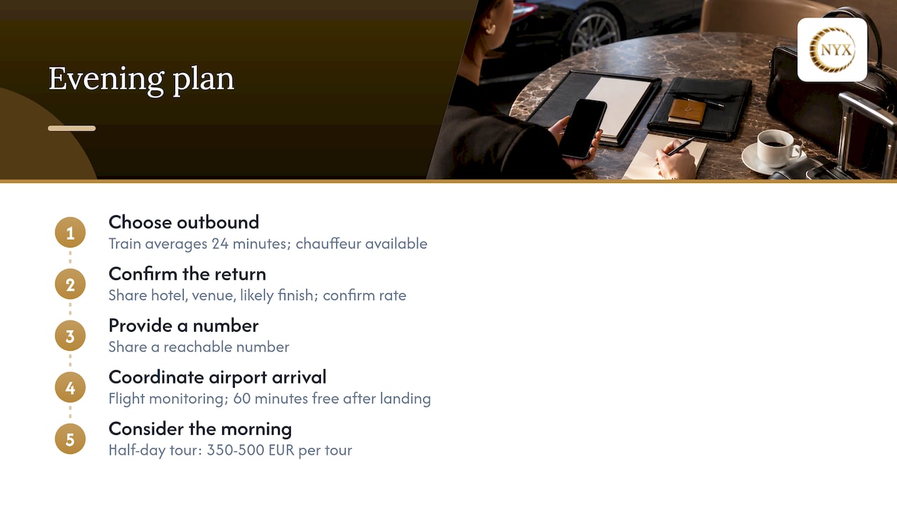 Mercedes-Benz chauffeur return plan from Nice to Monaco in five evening steps for visitors.