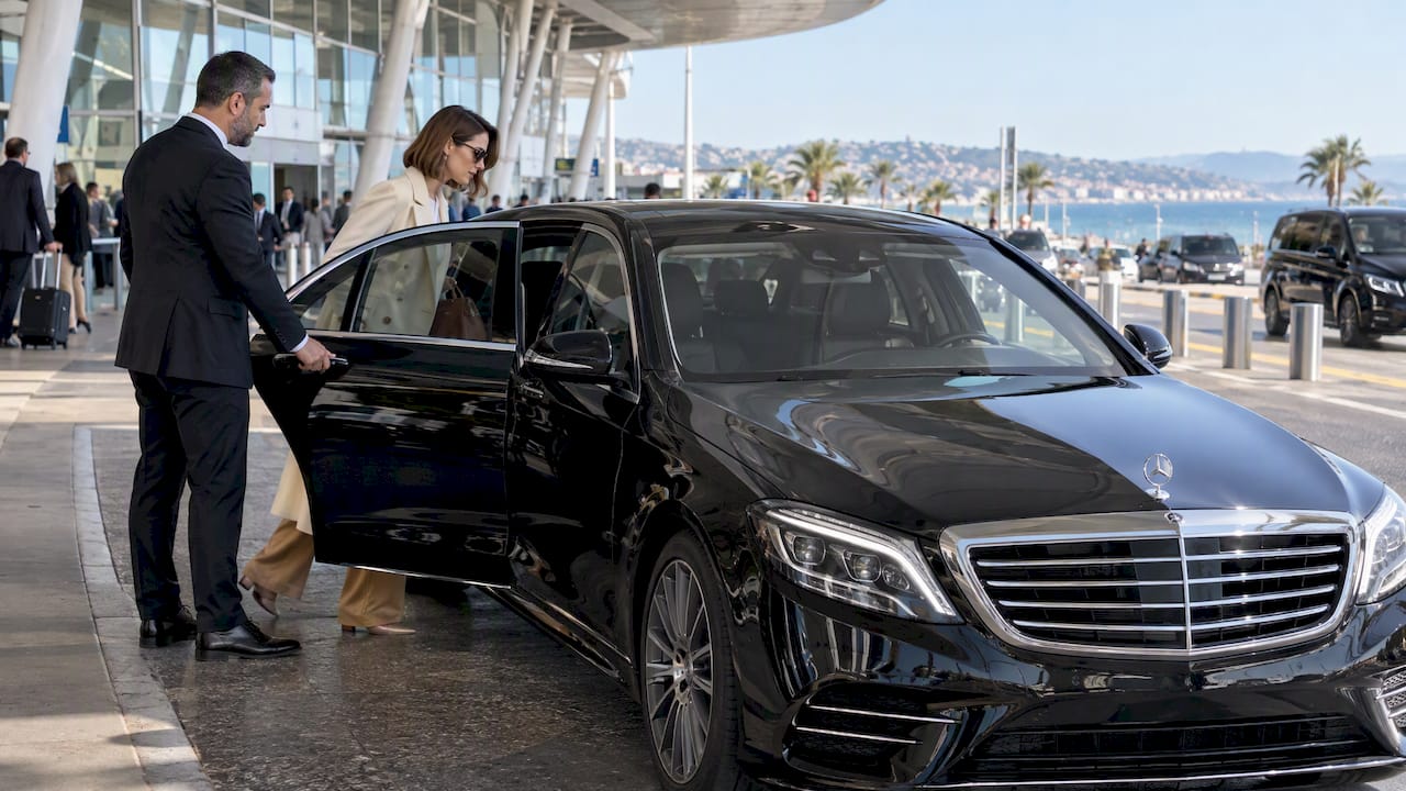 Mercedes-Benz sedan collecting a traveler for a private Nice airport transfer at Nice Côte d’Azur Airport.