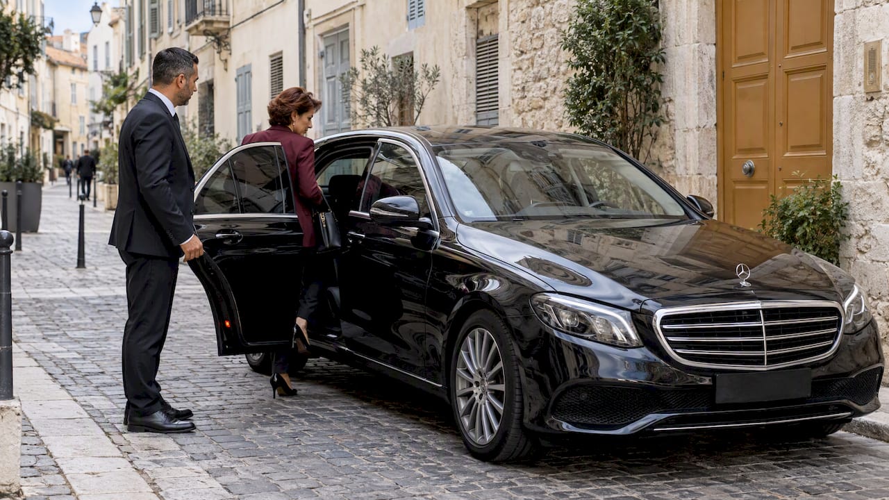 Mercedes-Benz sedan boarding for a private chauffeur stop in Antibes, Côte d’Azur.