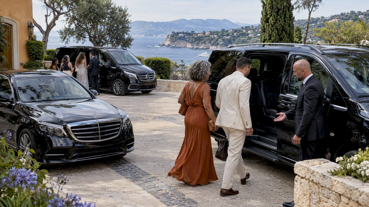 Mercedes-Benz vans and sedan receiving guests for a French Riviera guest shuttle at a villa.