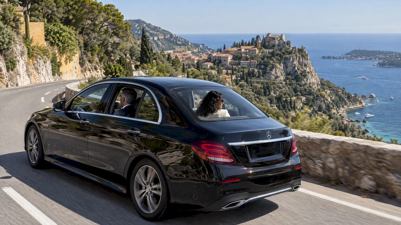 Private Mercedes-Benz chauffeur sedan on the Èze coast for a multi-stop itinerary across the French Riviera.