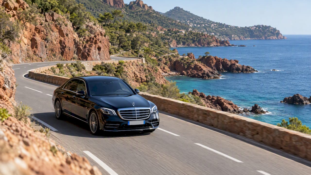 Mercedes-Benz sedan on a private chauffeur journey along the Corniche d'Or coastal road to Saint-Tropez.