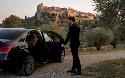 Luxury Mercedes sedan with chauffeur opening door near perched village on French Riviera coastal road